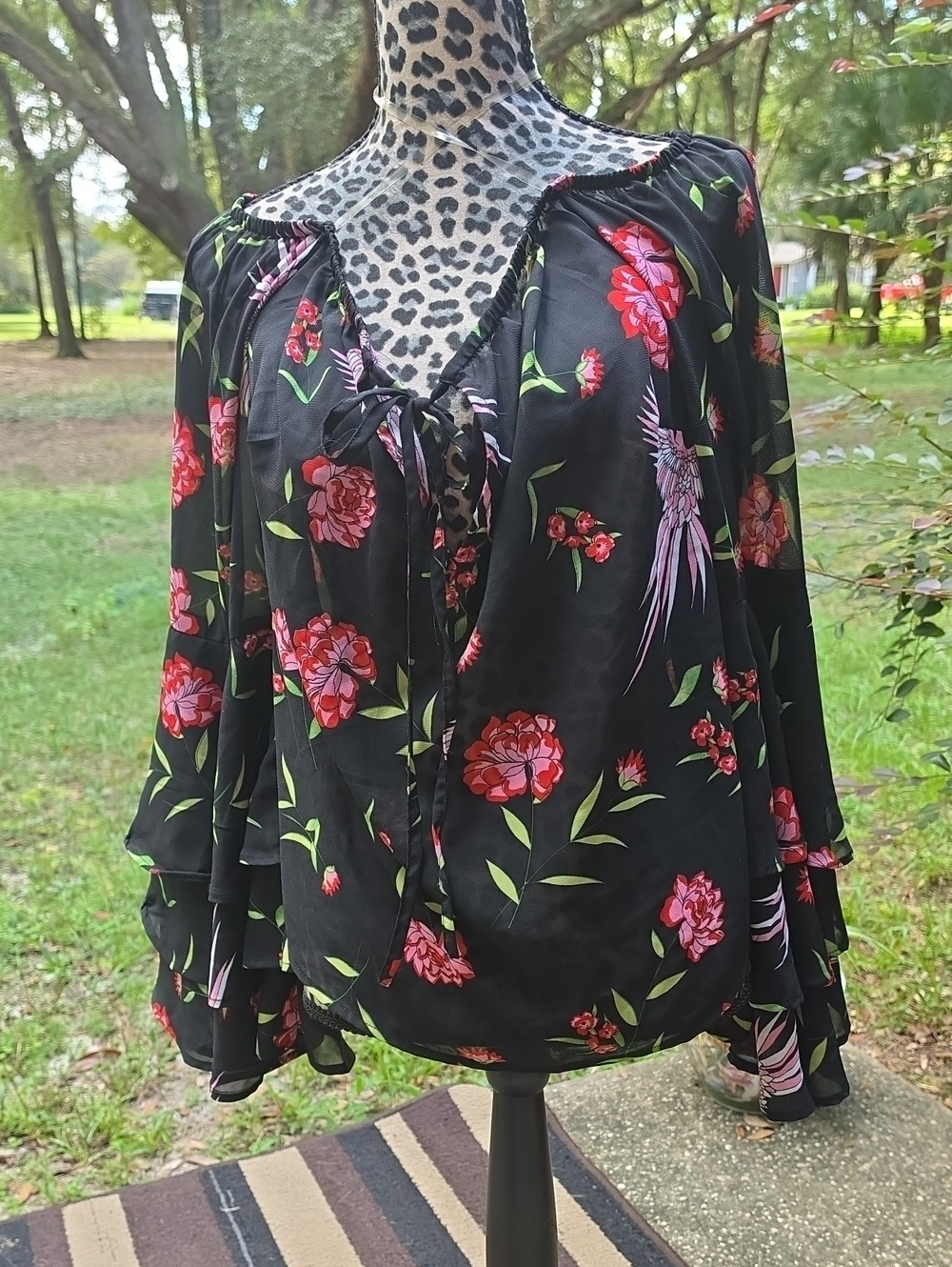 Live 4 Truth Black Floral Off Sholder Red and Pink Blooms N Birds Huge Sleeves